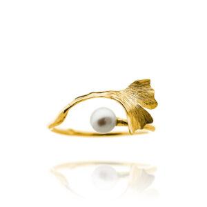 Bague-Gingko-perle-blanche-petite-taille-Vermeil-24k
