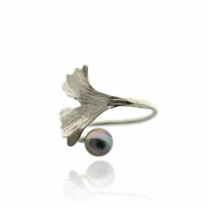 Bague argent -Ginkgo-perle-grise-G-taille