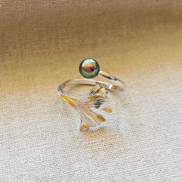 Bagues-Ginkgo-Keum-boo-perle-grise-grand-model Bagues-Ginkgo-Keum-boo-perle-grise-grand-model