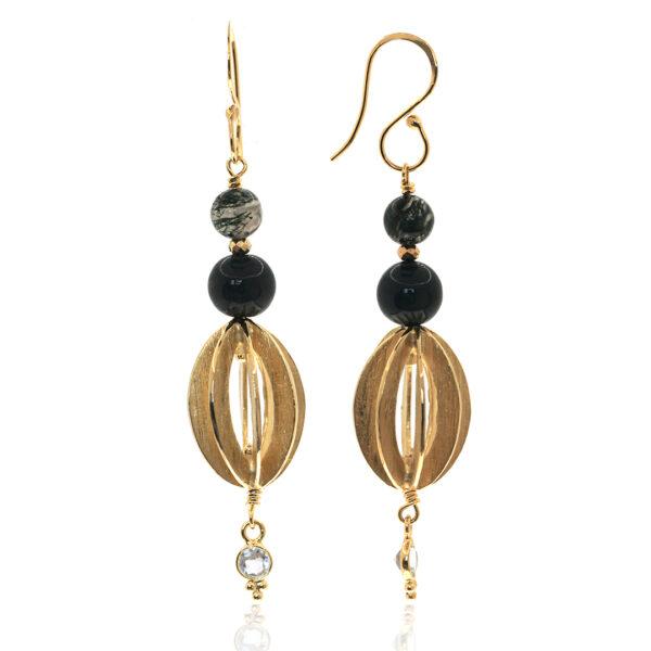 Boucles-d'oreilles-agate-mousse, topazes et pyrites - vermeil 24K-Sanguti Paris Boucles-d'oreilles-agate-mousse, topazes et pyrites - vermeil 24K-Sanguti Paris