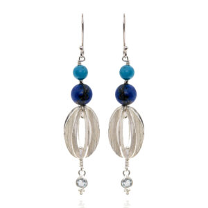 Boucles-d'oreilles-argent-recycle-lapis-lazuli -turquoise-topaze-sanguti paris