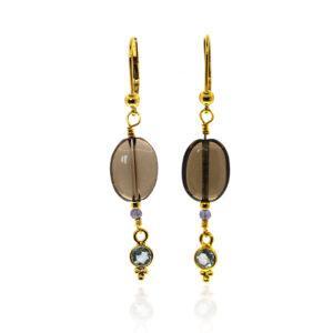 Boucles-d'oreilles-vermeil 24k quartz fumé-tanzanite-topaze bleue-sanguti paris