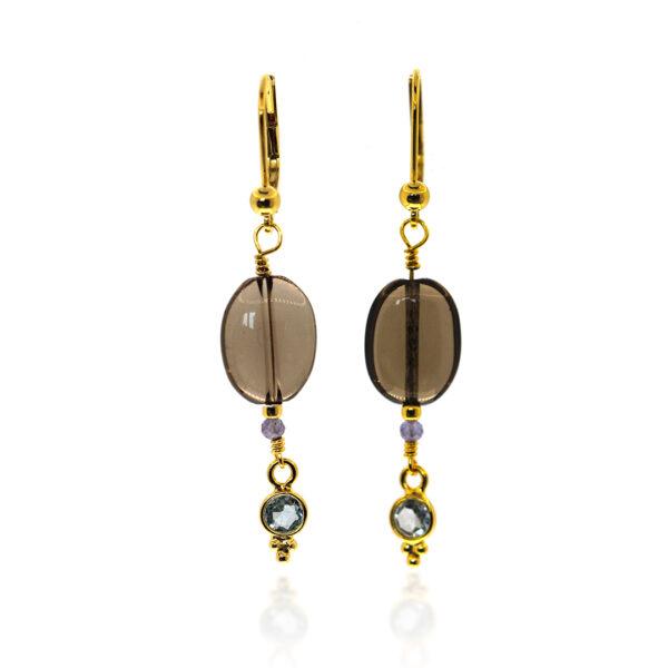 Boucles-d'oreilles-vermeil 24k quartz fumé-tanzanite-topaze bleue-sanguti paris Boucles-d'oreilles-vermeil 24k quartz fumé-tanzanite-topaze bleue-sanguti paris