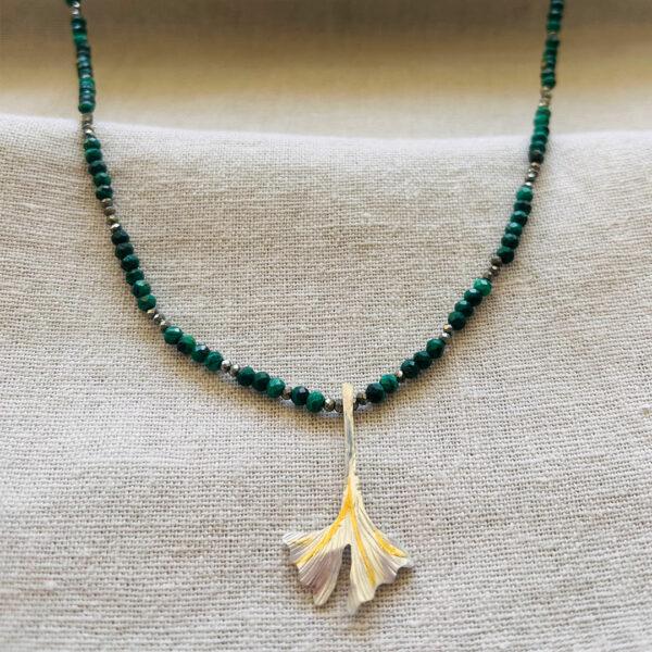 Collier-Ginkgo--argent-malachite-pyrite Collier-Ginkgo-argent-malachite-pyrite