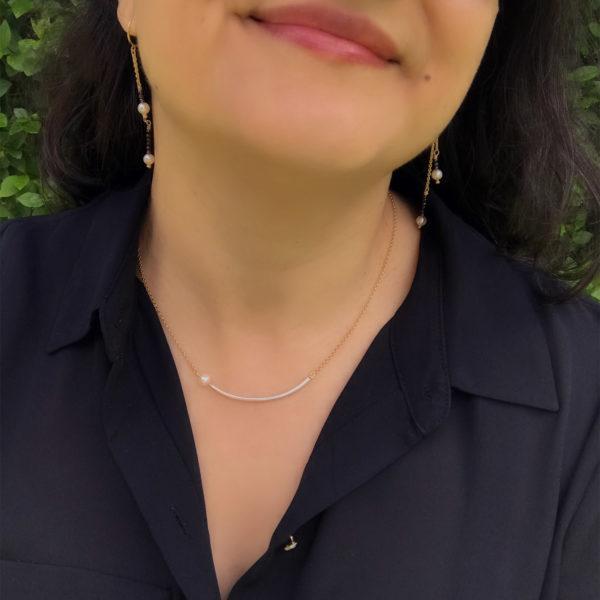 Collier argent vermeil or jaune 18k-perle de culture et argent poli Collier argent vermeil or jaune 18k-perle de culture et argent