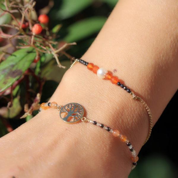bracelet en vermeil qrbre de vie-cornaline-citrine-pyrite-perle
