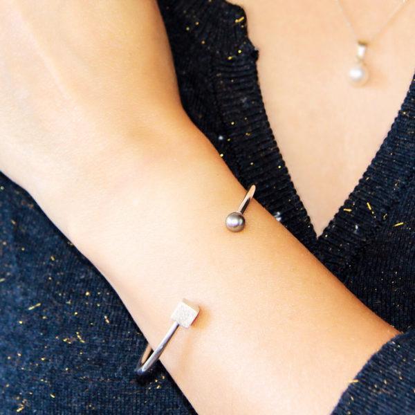 bracelet argent massif cubik side perle