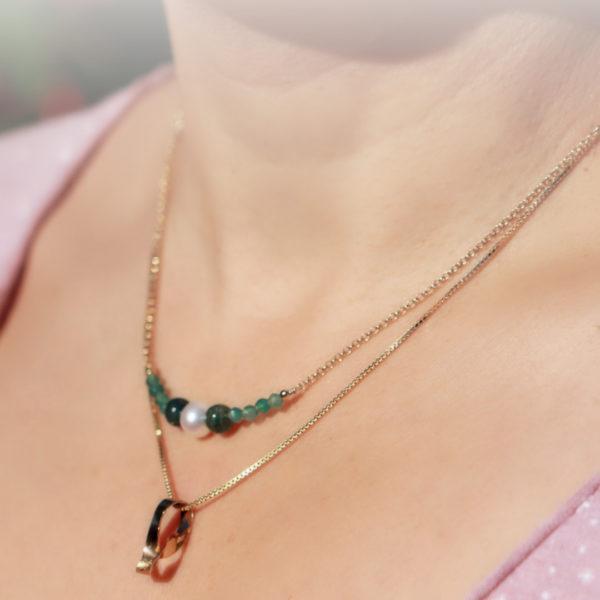 collier vermeil or 18K-agate mousse-aventurine-perles
