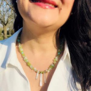 Collier - péridot - aigue marine-argent plaque or - perles d'eau douce -"Océan"